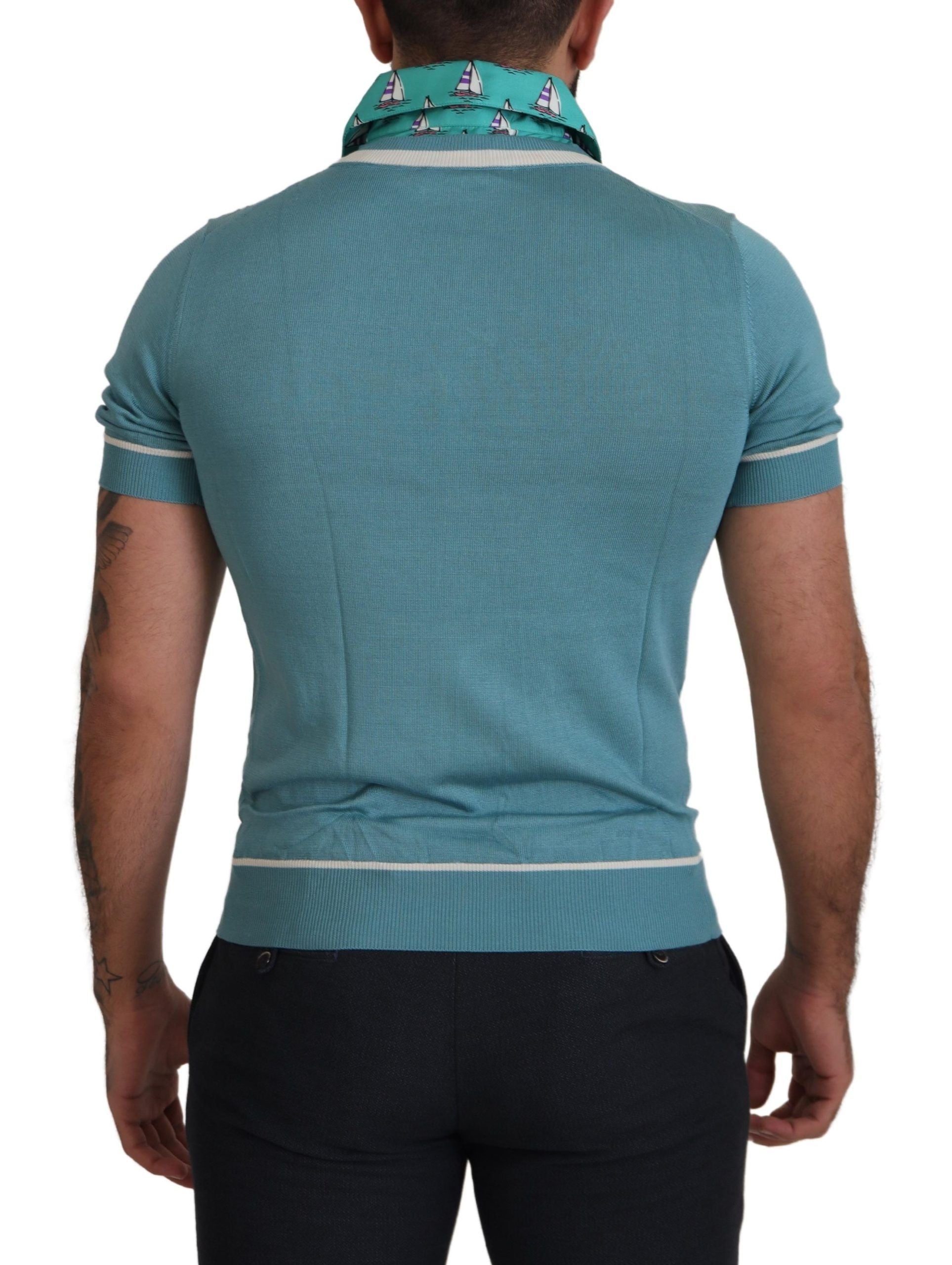 Dolce & Gabbana Blue Silk Polo Top Men's V-Neck T-Shirt-3