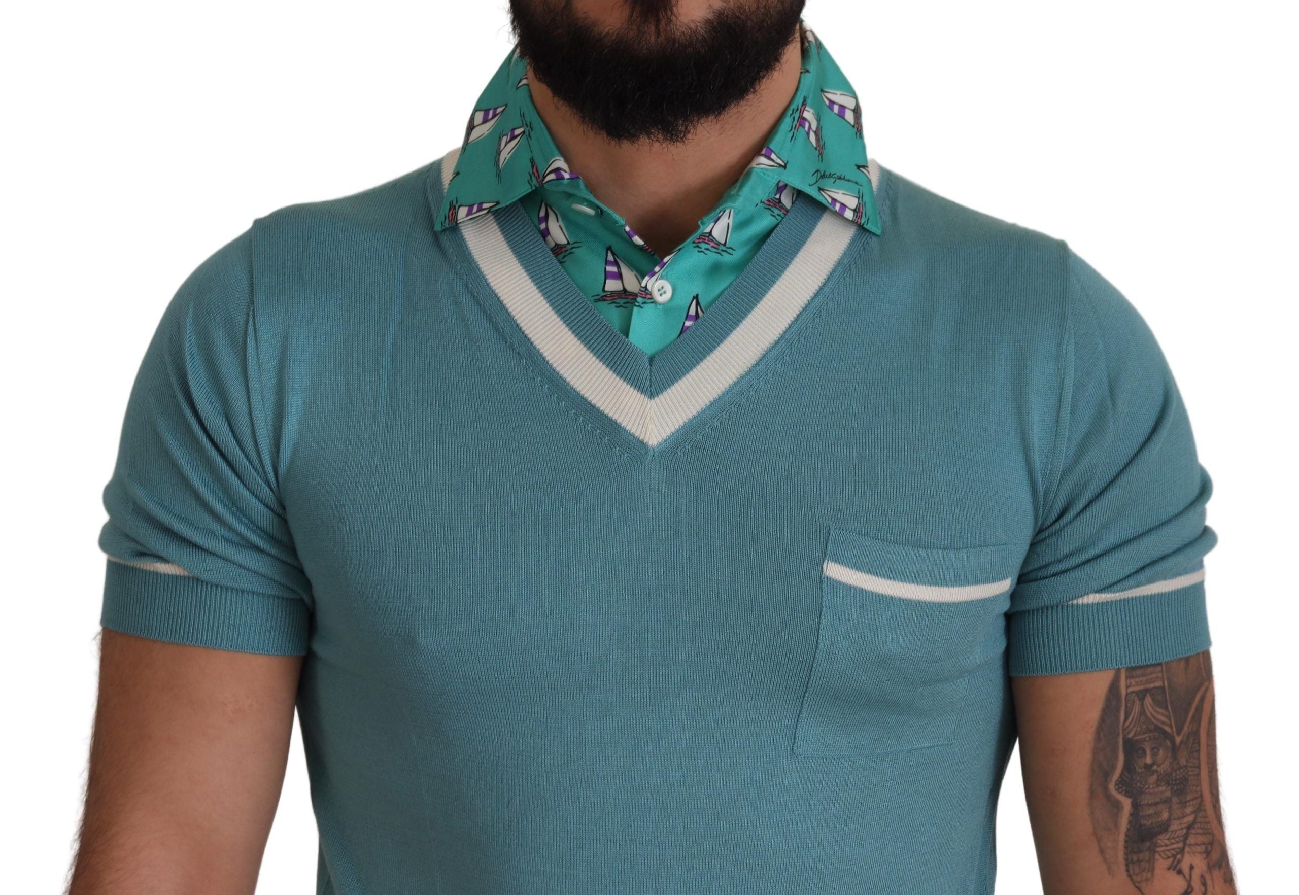 Dolce & Gabbana Blue Silk Polo Top Men's V-Neck T-Shirt-4