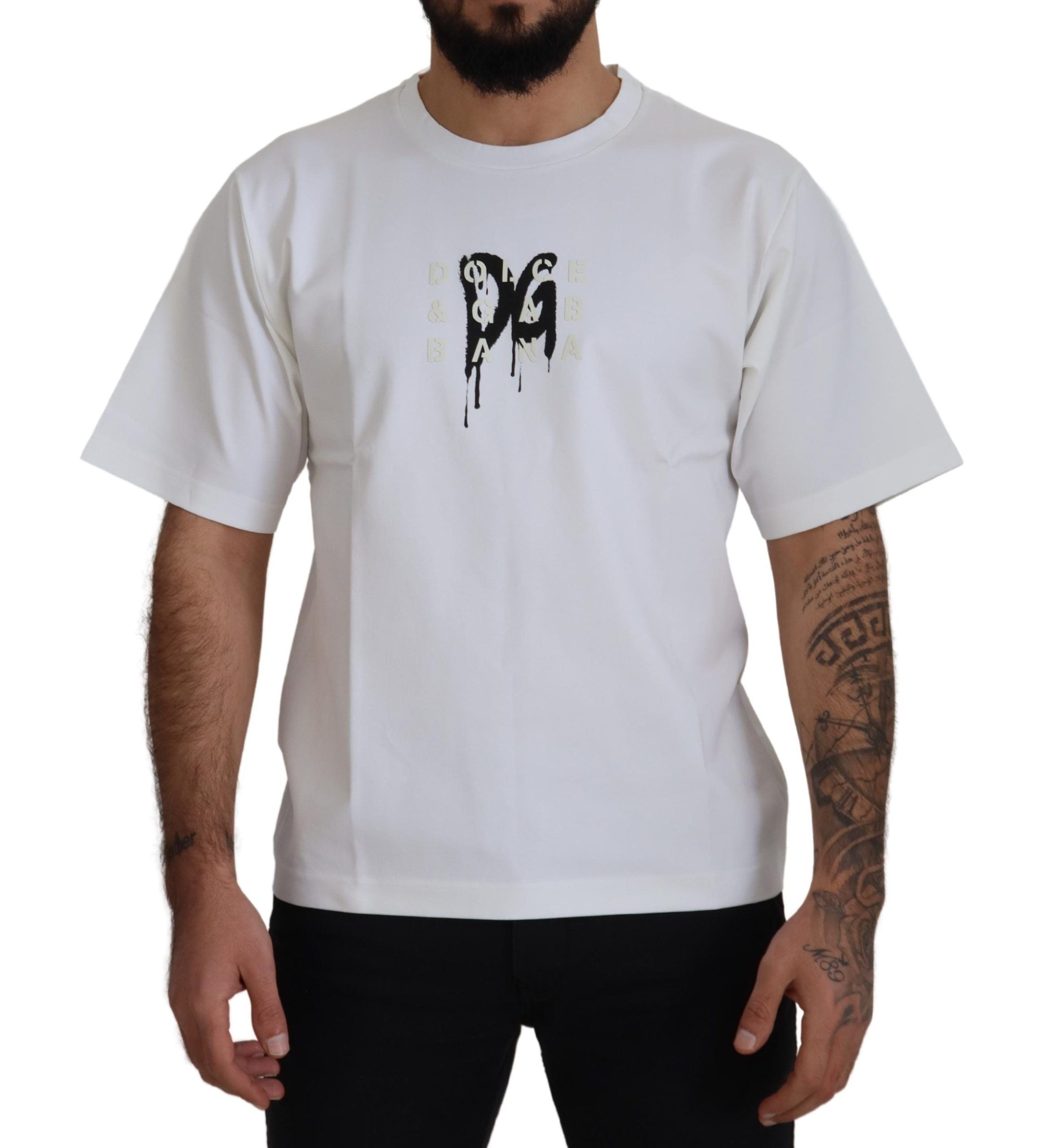 Dolce & Gabbana white cotton T-shirt with logo print and round neck-1