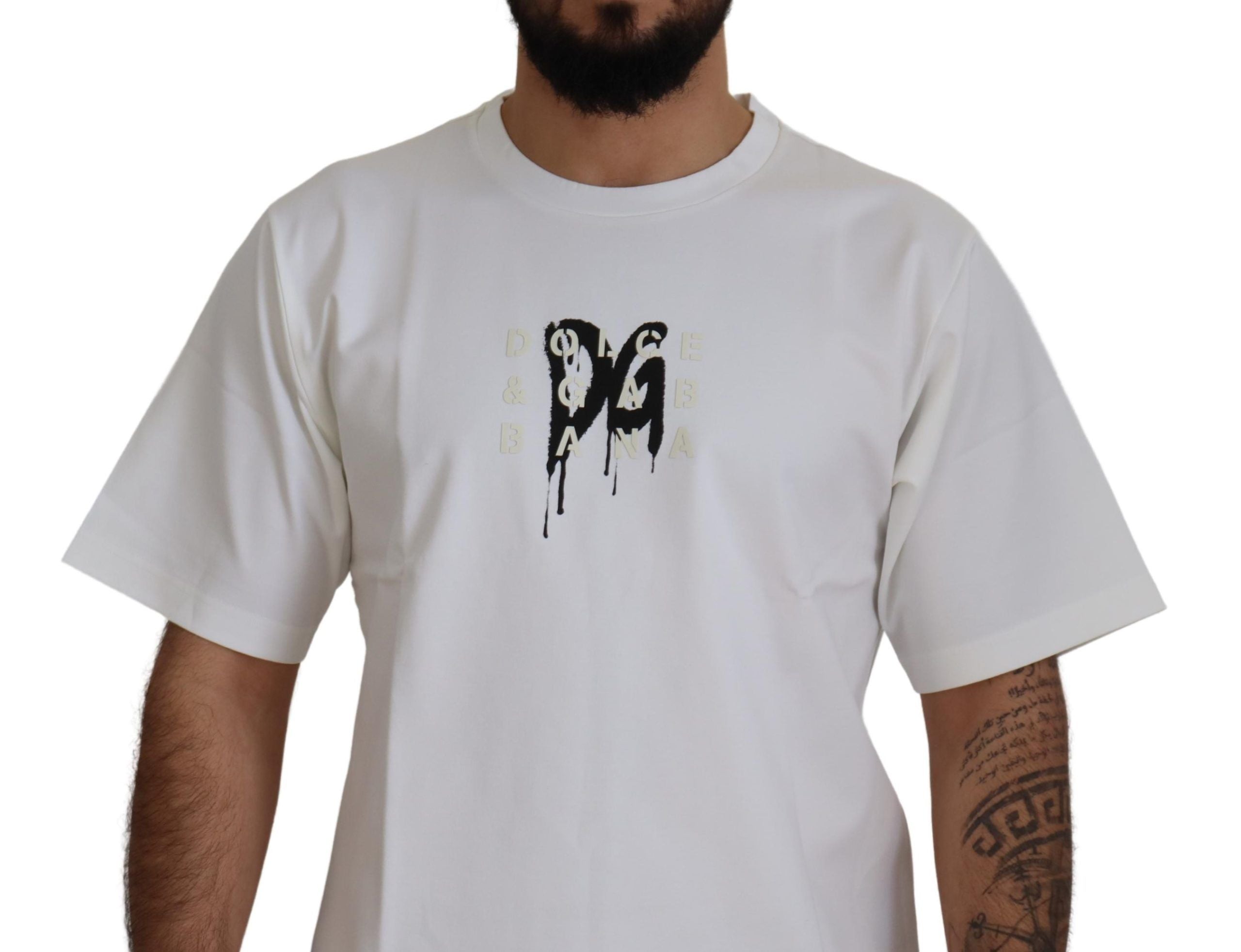 Dolce & Gabbana white cotton T-shirt with logo print and round neck-4