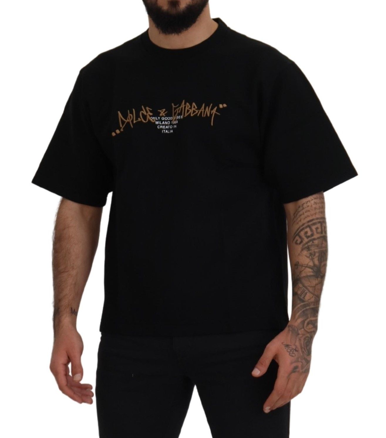 Dolce & Gabbana Black Logo T-Shirt in Cotton with Round Neck-4