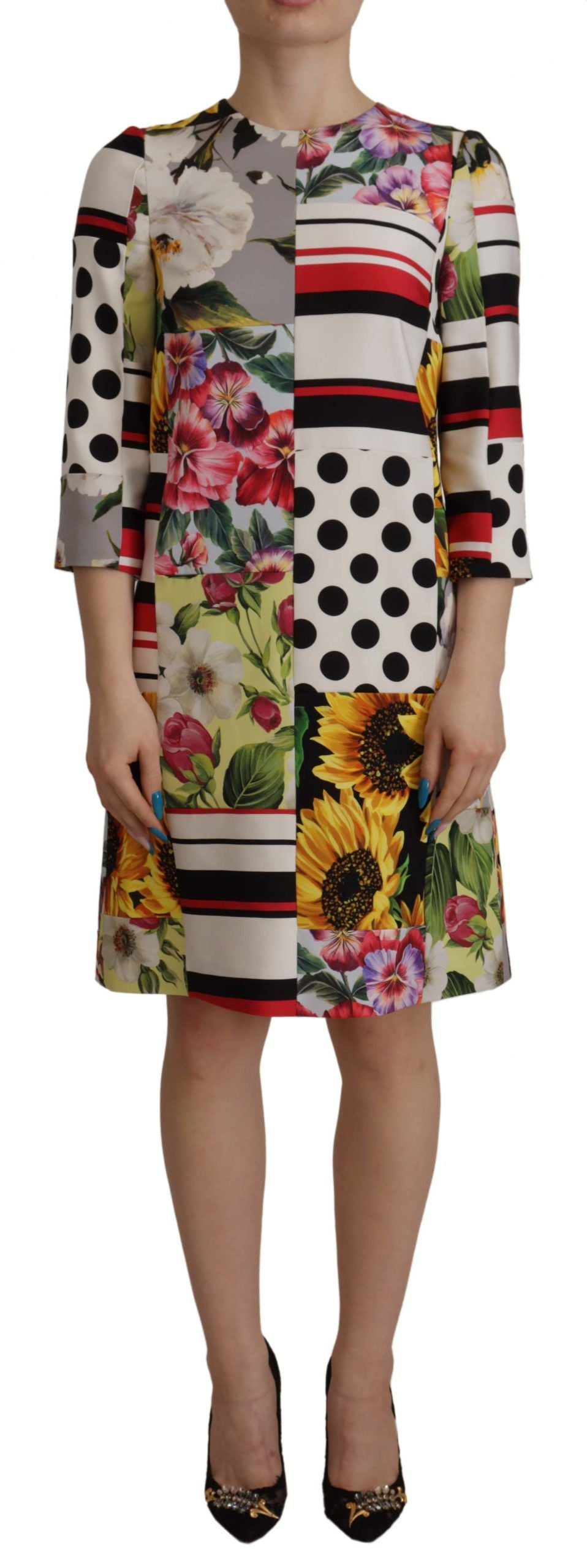 Dolce & Gabbana Multicolor Charmeuse Floral Mantel Jaquard Pachwork Kleid-1
