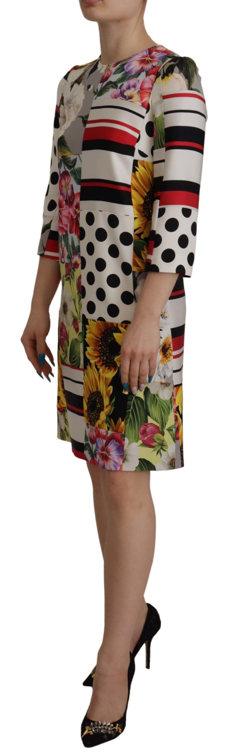 Dolce & Gabbana Multicolor Charmeuse Floral Mantel Jaquard Pachwork Kleid-3