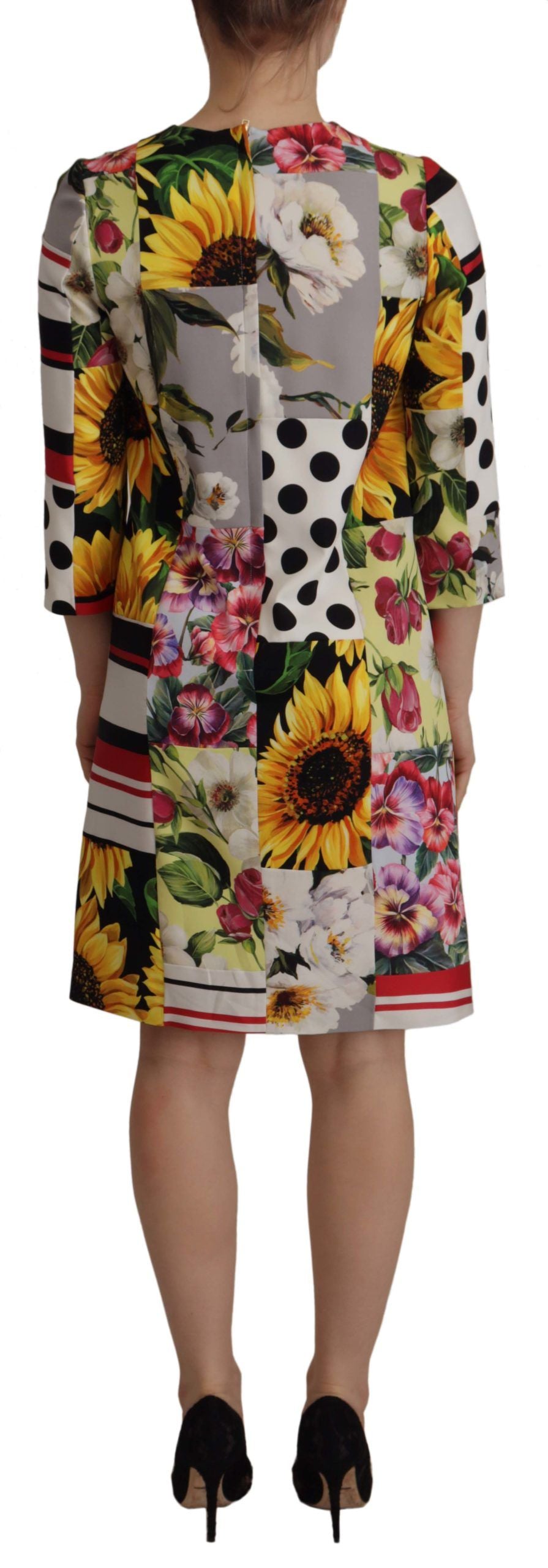Dolce & Gabbana Multicolor Charmeuse Floral Mantel Jaquard Pachwork Kleid-4