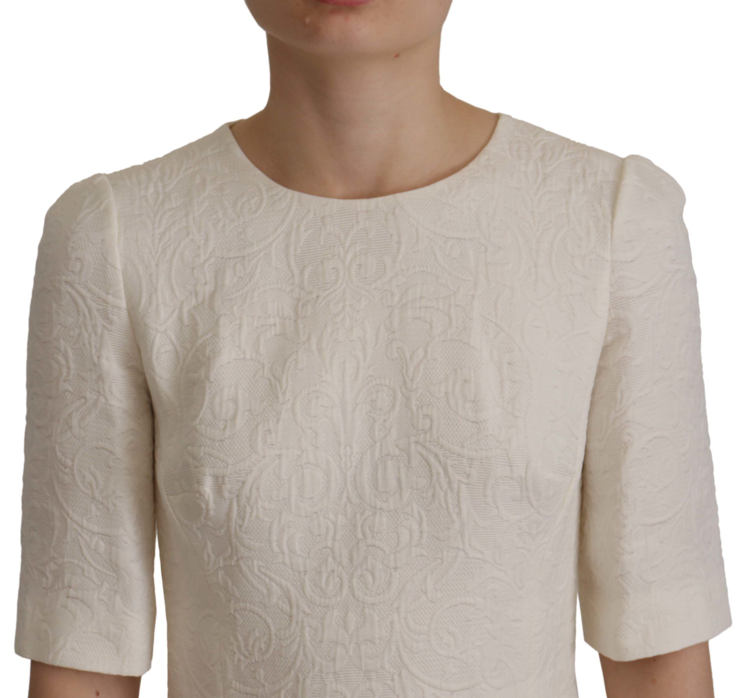 Dolce & Gabbana White Jacquard Midi Dress with Floral Pattern and Brocade Trim-2