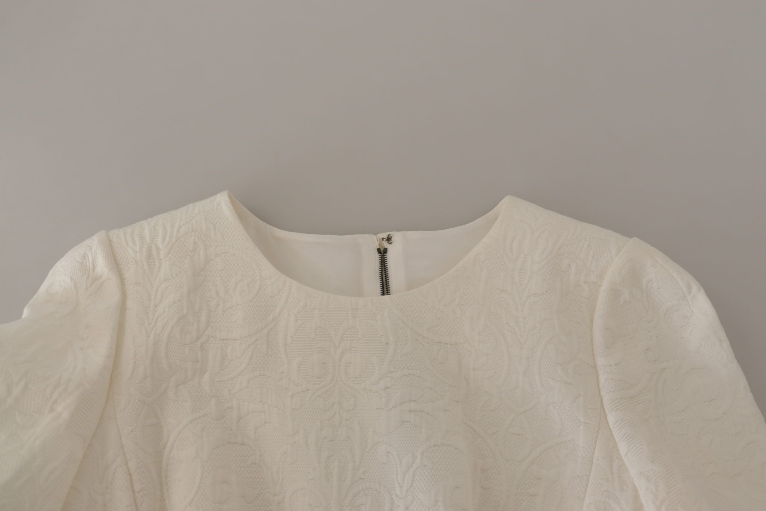 Dolce & Gabbana White Jacquard Midi Dress with Floral Pattern and Brocade Trim-5