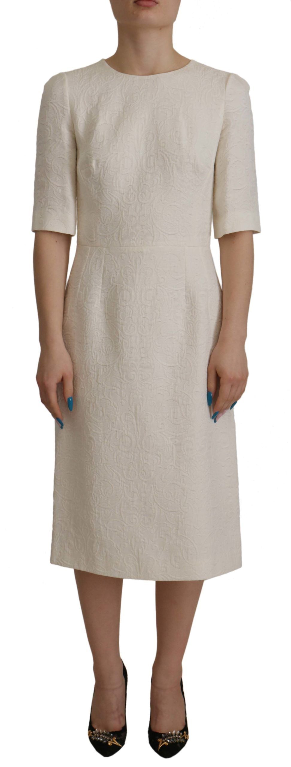 Dolce & Gabbana White Jacquard Midi Dress with Floral Pattern and Brocade Trim-1
