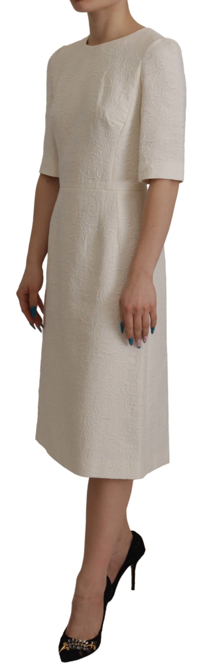 Dolce & Gabbana White Jacquard Midi Dress with Floral Pattern and Brocade Trim-3