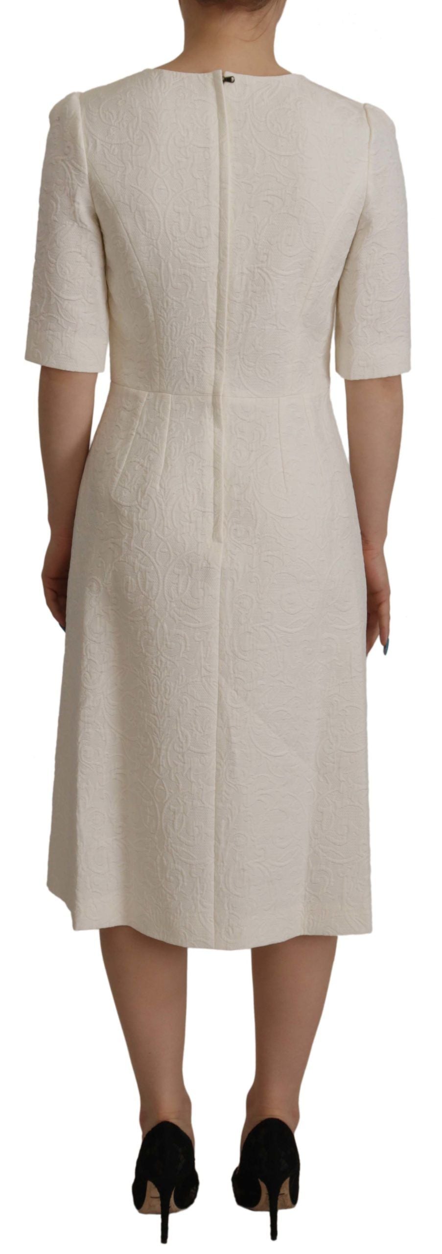 Dolce & Gabbana White Jacquard Midi Dress with Floral Pattern and Brocade Trim-4