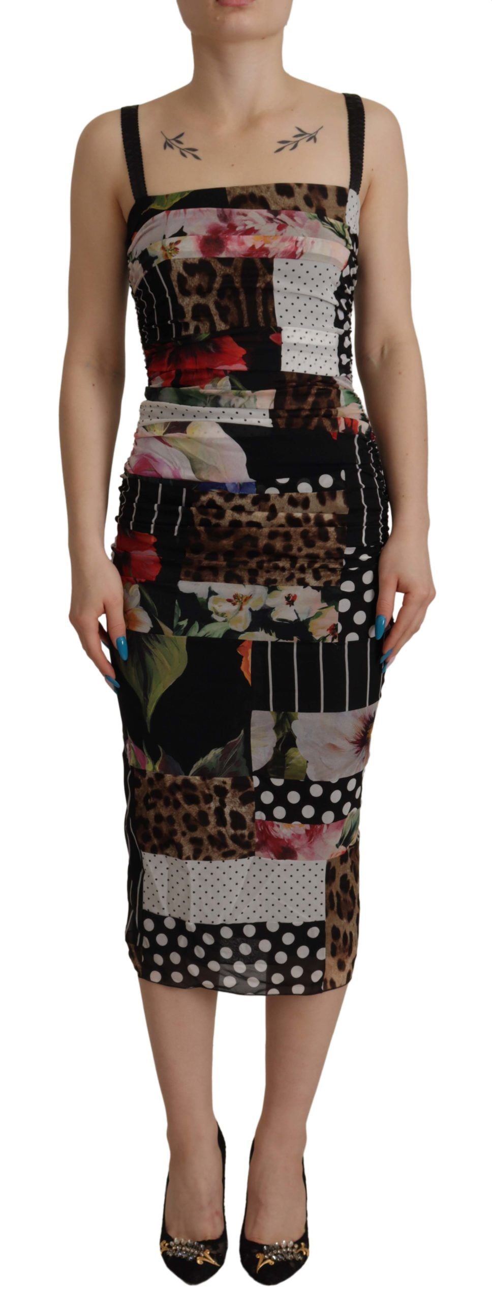 Body midi de seda con estampado de leopardo y patchwork multicolor de Dolce & Gabbana con estampado floral-1
