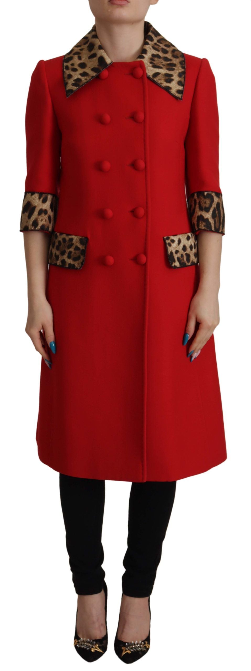 Dolce & Gabbana wool trench coat jacket with red leopard print