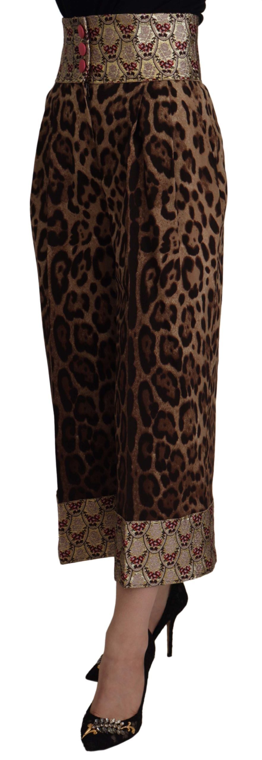 Dolce & Gabbana Brown Leopard and Gold Jacquard High-Waisted Trousers-2