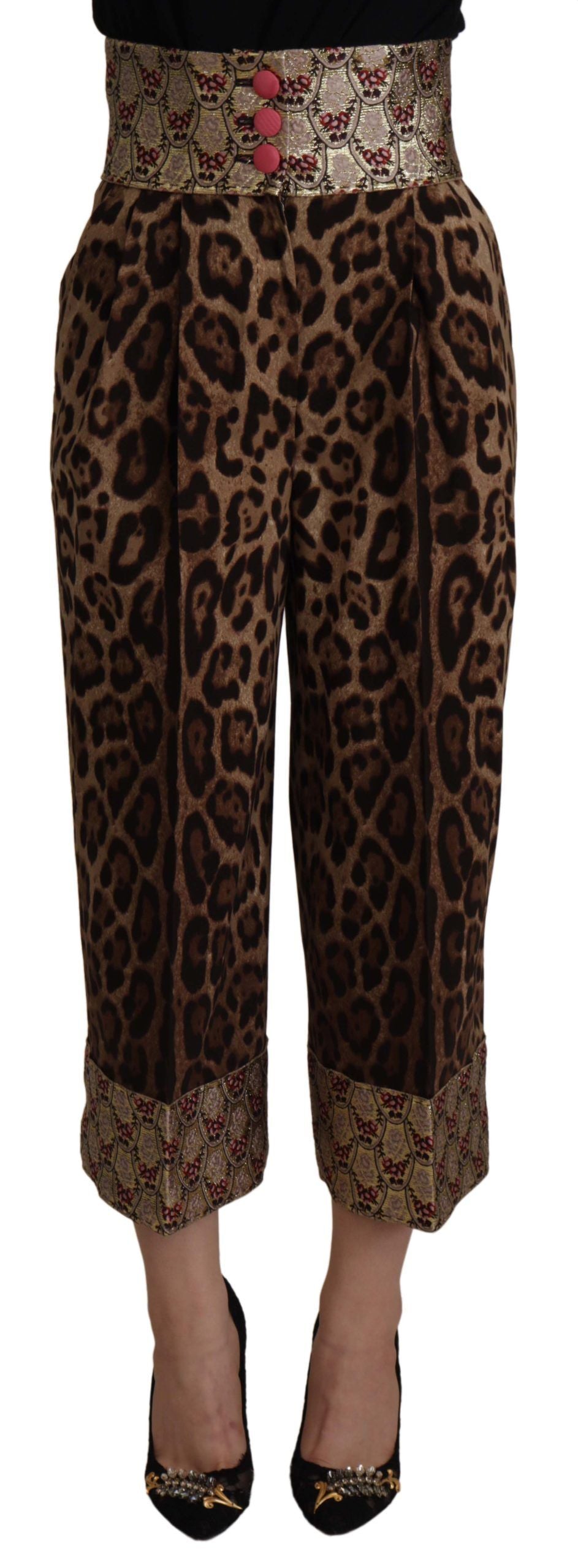 Dolce & Gabbana Brown Leopard and Gold Jacquard High-Waisted Trousers