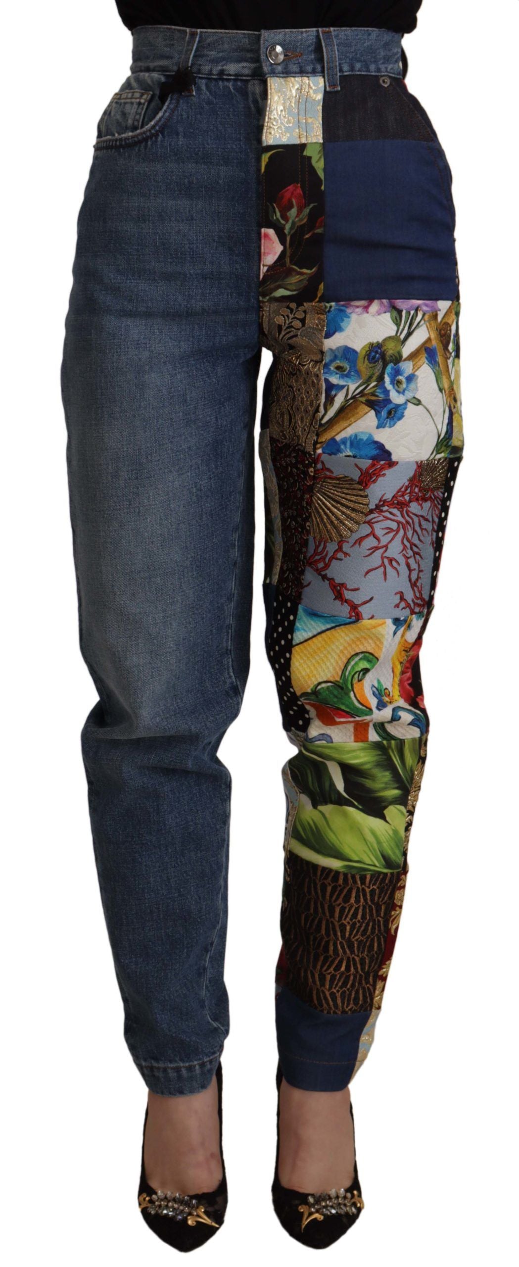 Pantalones vaqueros azules de cintura alta con jacquard mayólica de Dolce & Gabbana