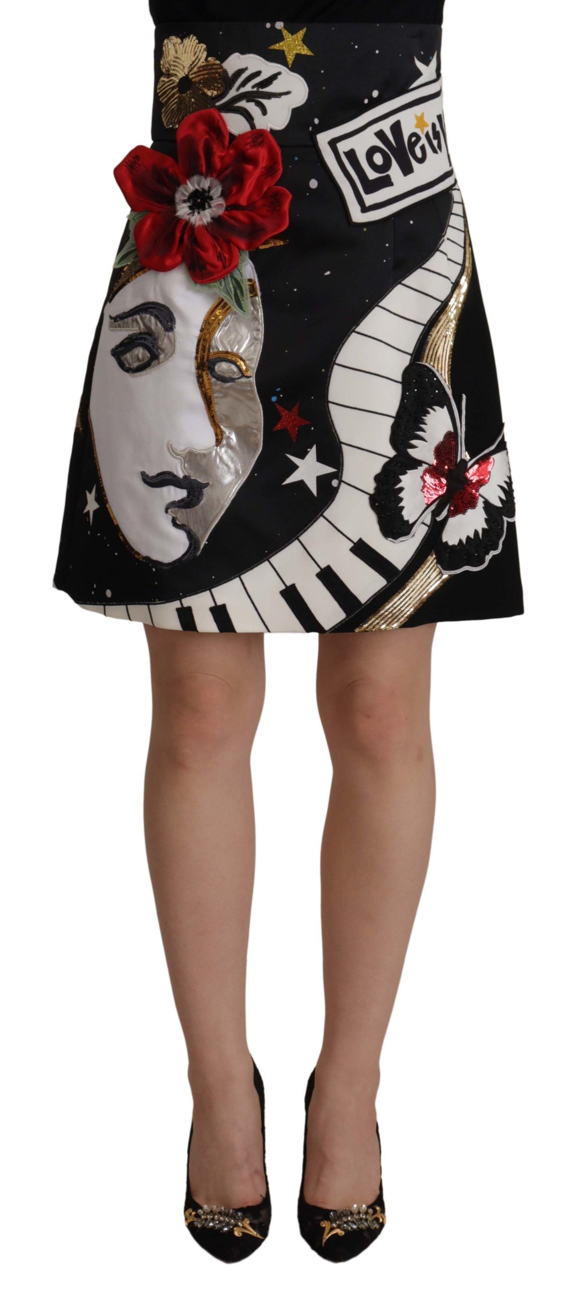 Dolce & Gabbana Black Love Watch Sequin Piano Skirt