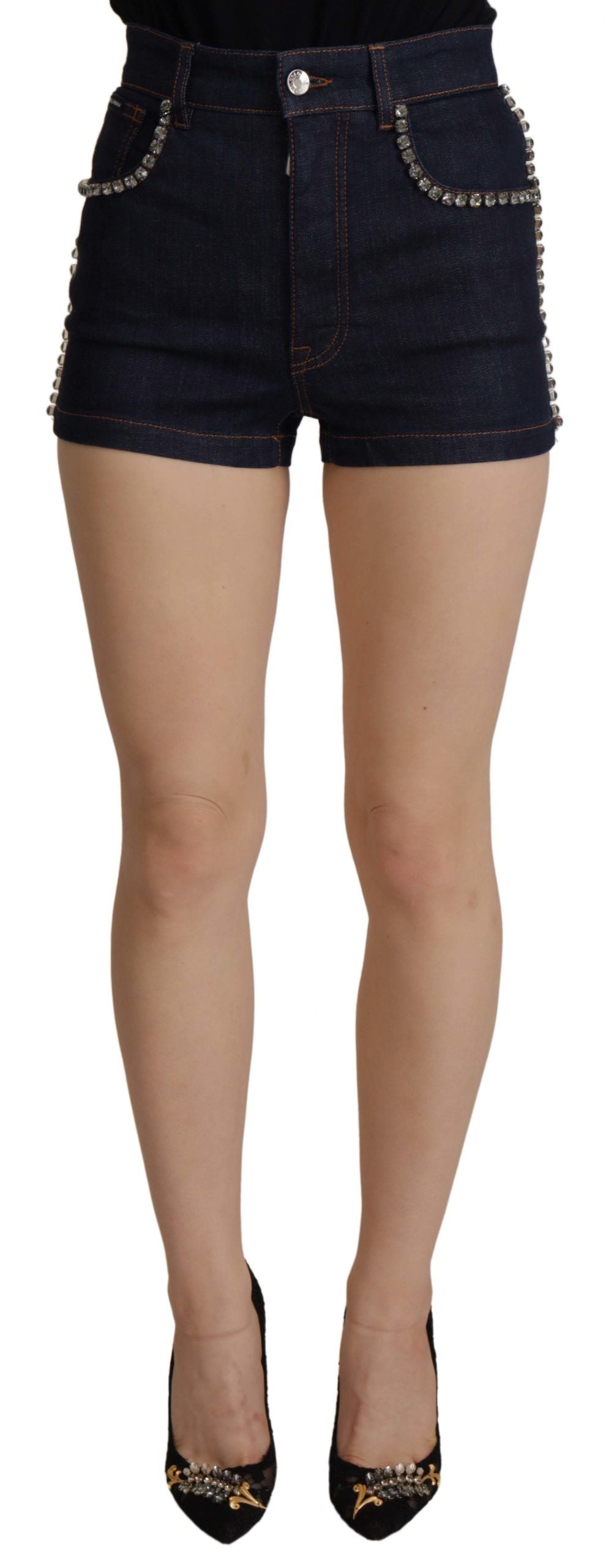 Dolce & Gabbana Blue Denim Stretch Crystal Hot Pants Shorts-1