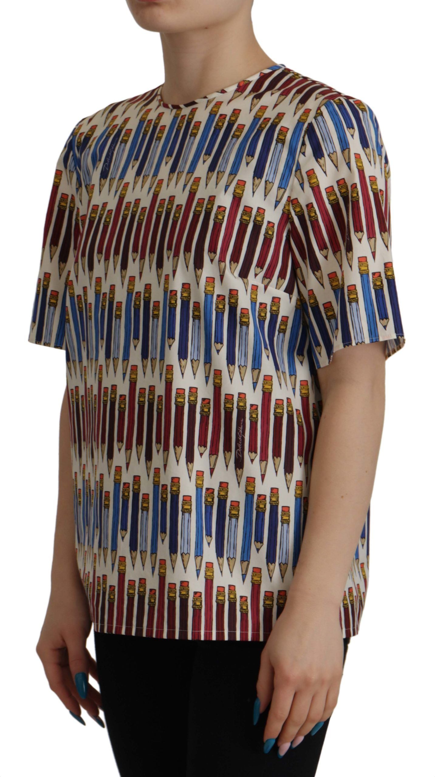 Dolce & Gabbana White Cotton T-Shirt Blouse with Pencil Print-2