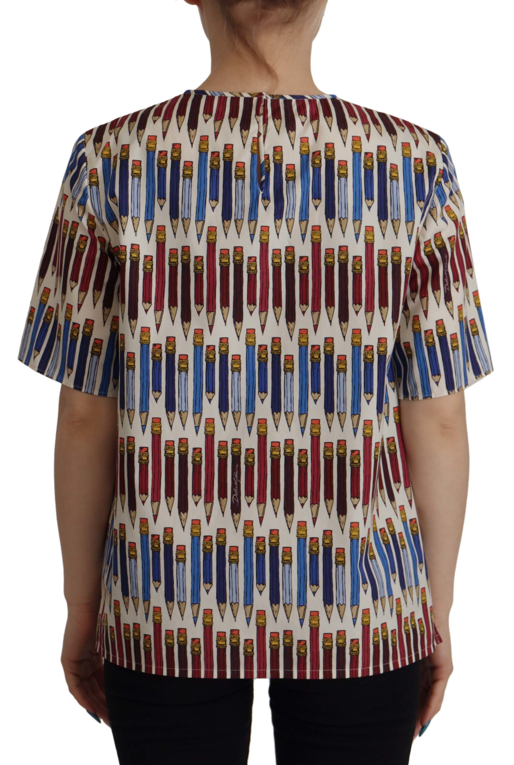 Dolce & Gabbana White Cotton T-Shirt Blouse with Pencil Print-3
