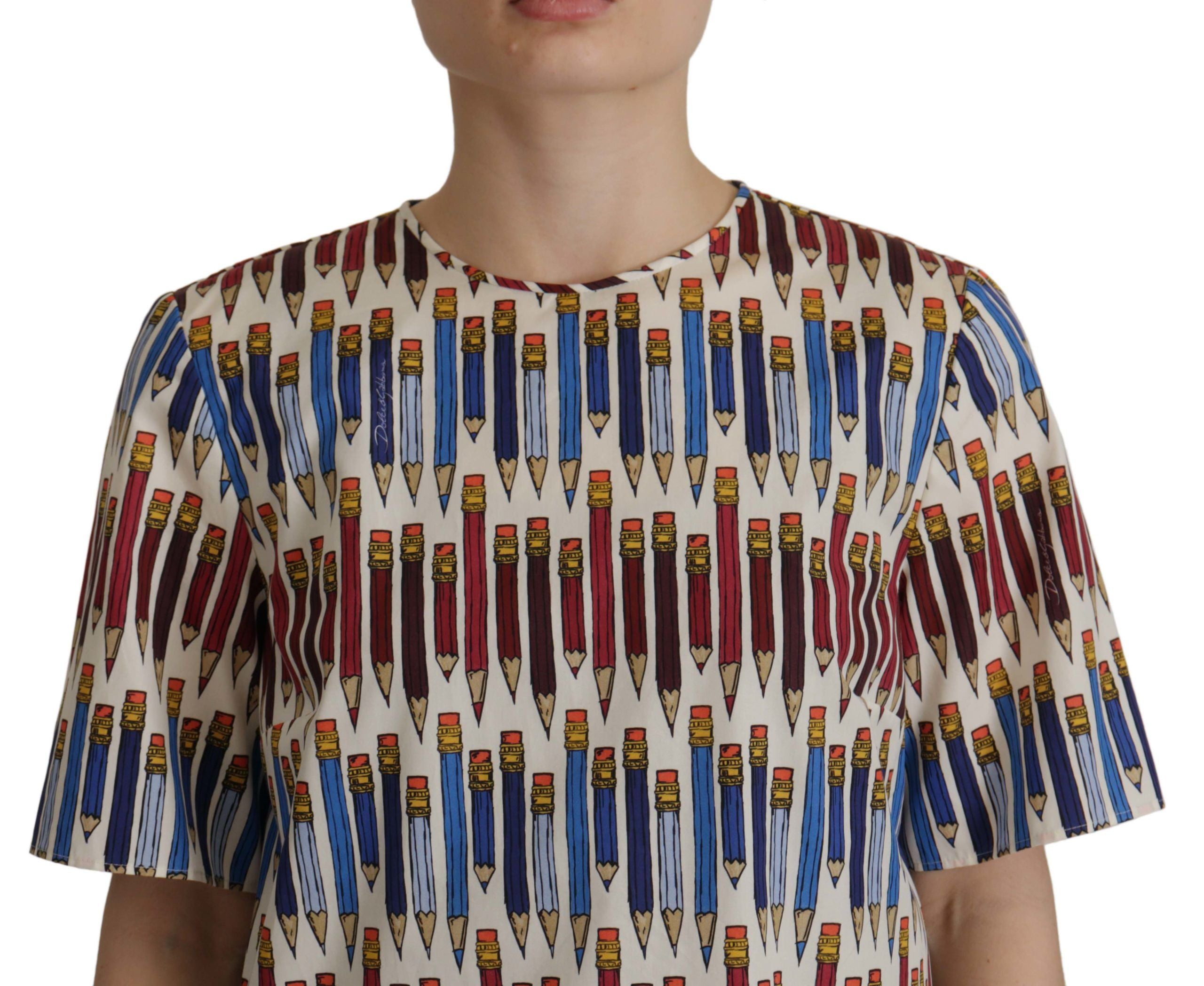 Dolce & Gabbana White Cotton T-Shirt Blouse with Pencil Print-4
