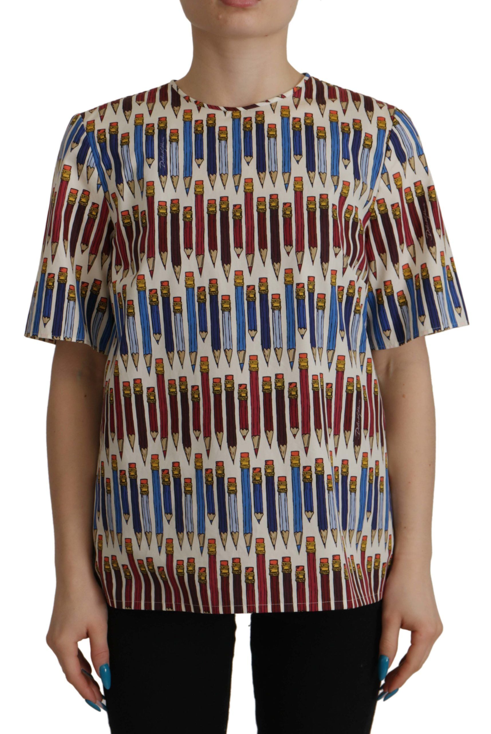 Dolce & Gabbana White Cotton T-Shirt Blouse with Pencil Print-1