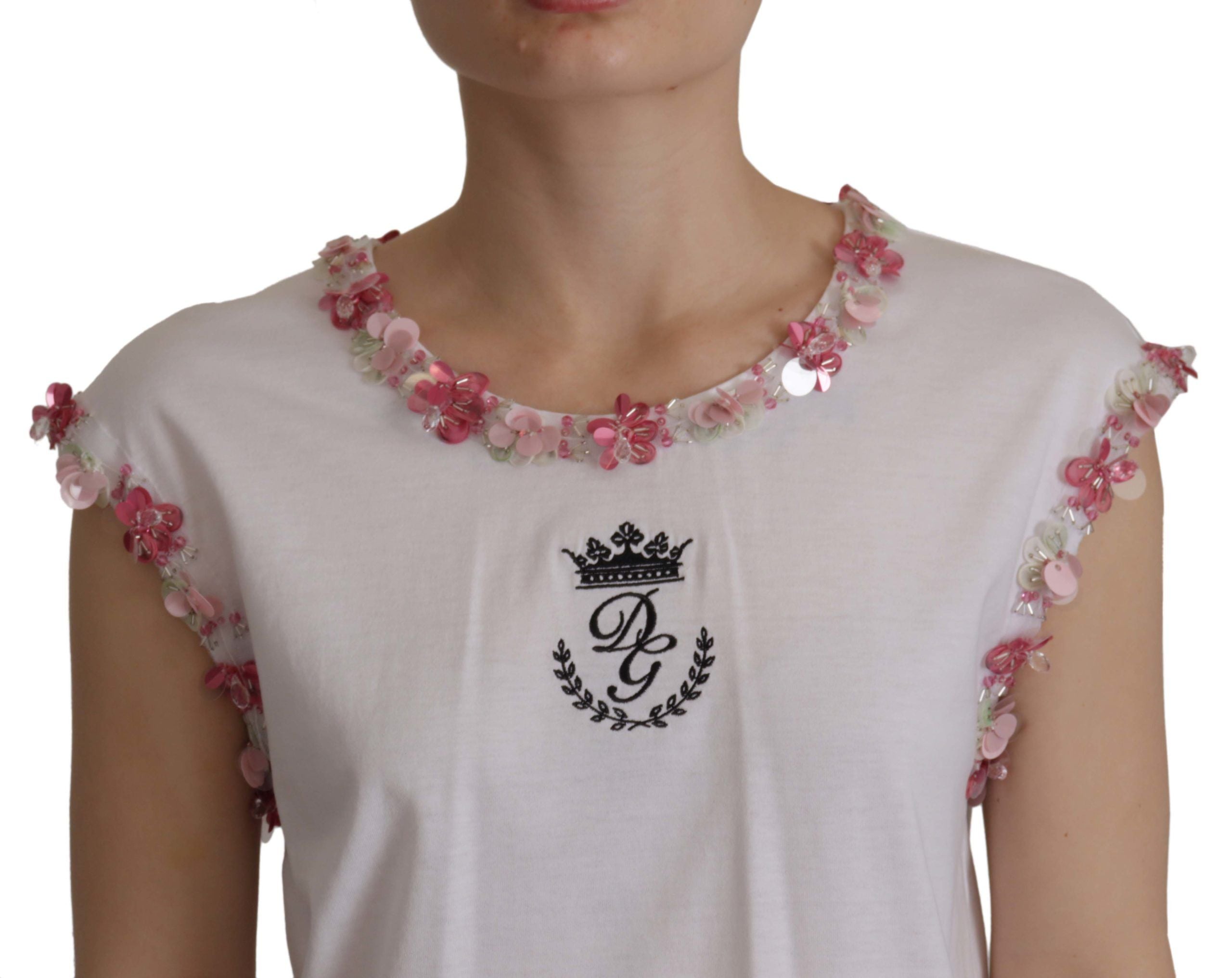 Dolce & Gabbana Weißes DG Crown Floral Pailletten-T-Shirt-3