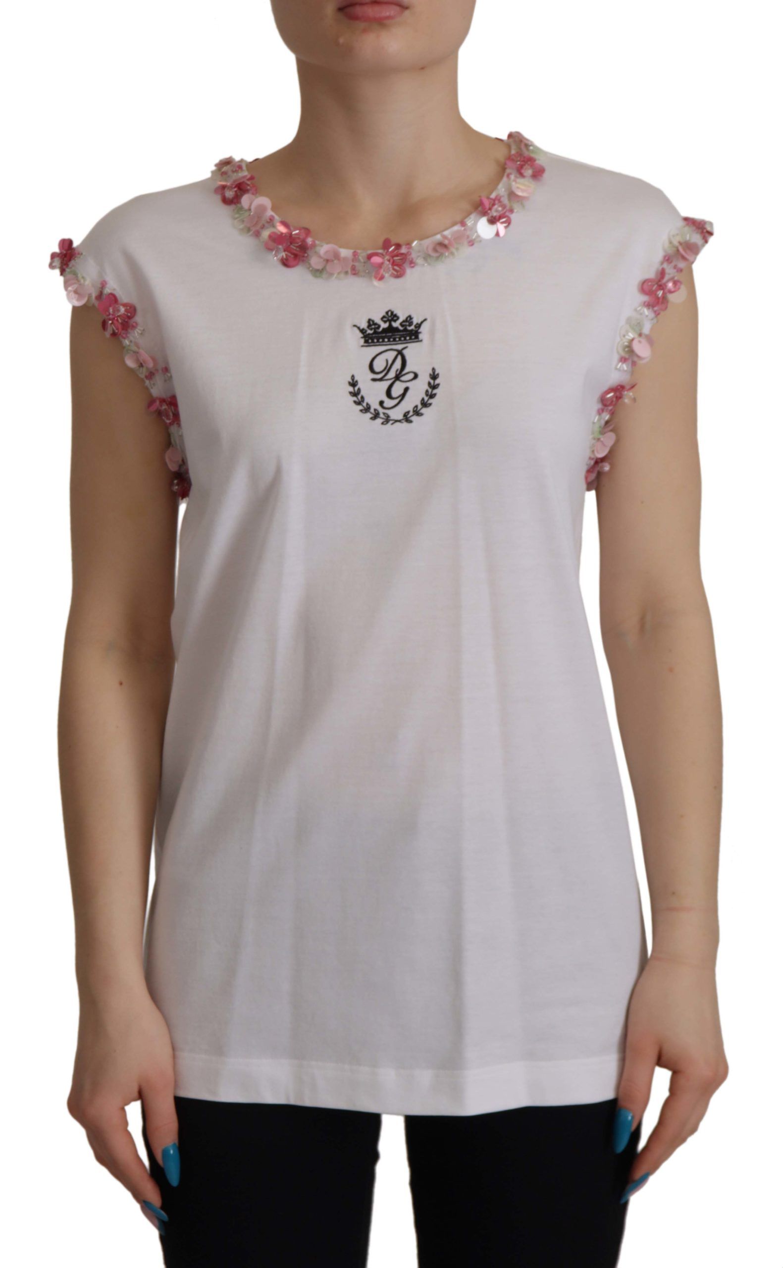 Dolce & Gabbana White DG Crown Floral Sequin T-Shirt