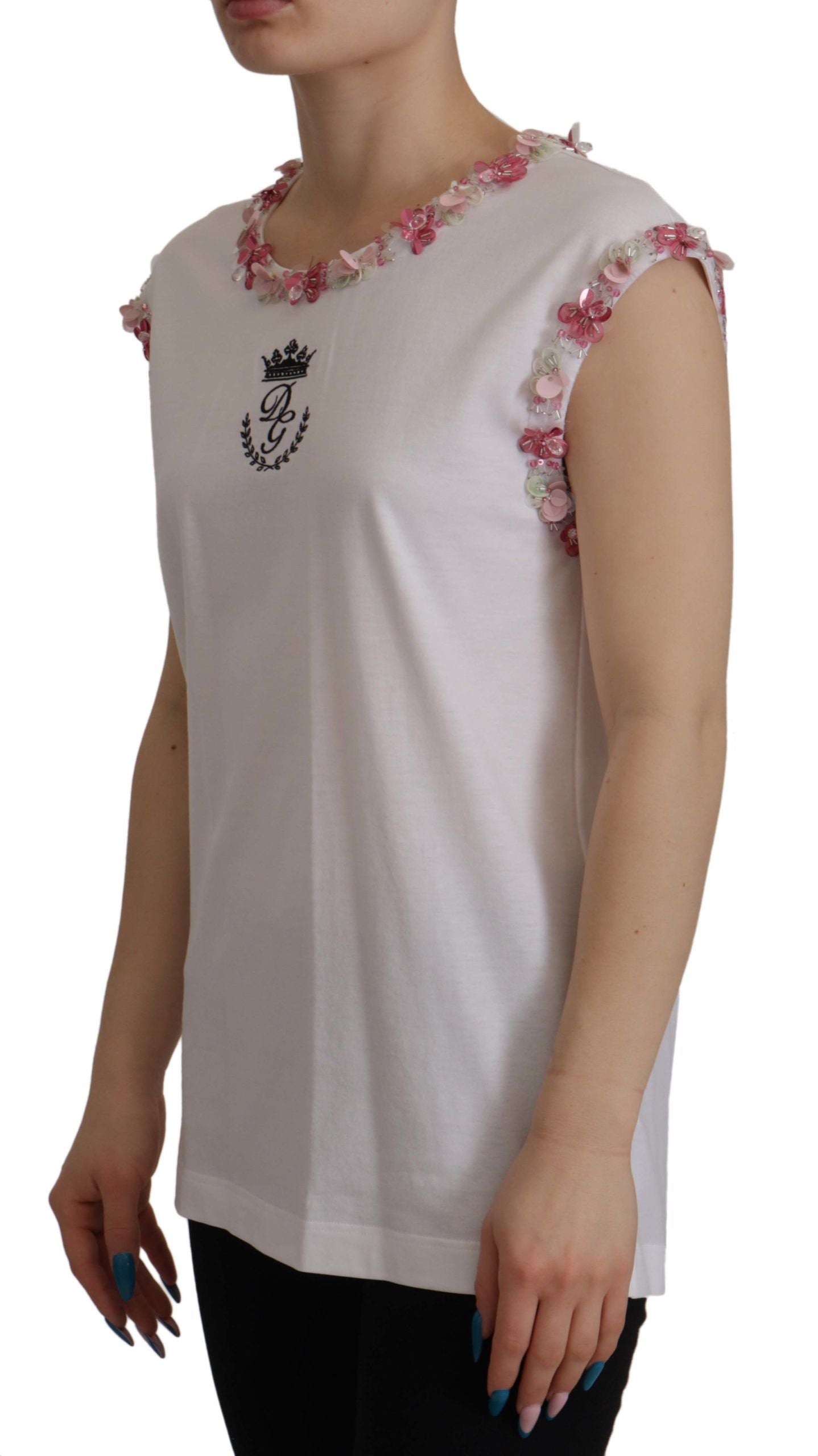 Dolce & Gabbana Weißes DG Crown Floral Pailletten-T-Shirt-4