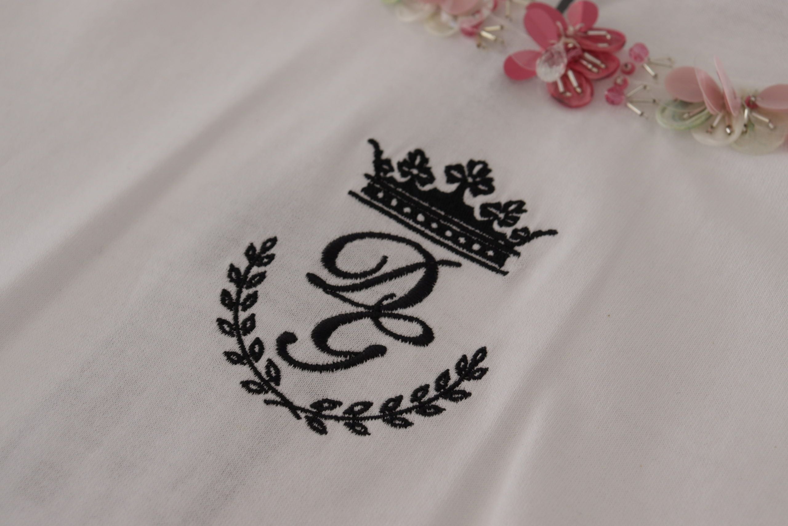 Dolce & Gabbana Weißes DG Crown Floral Pailletten-T-Shirt-5
