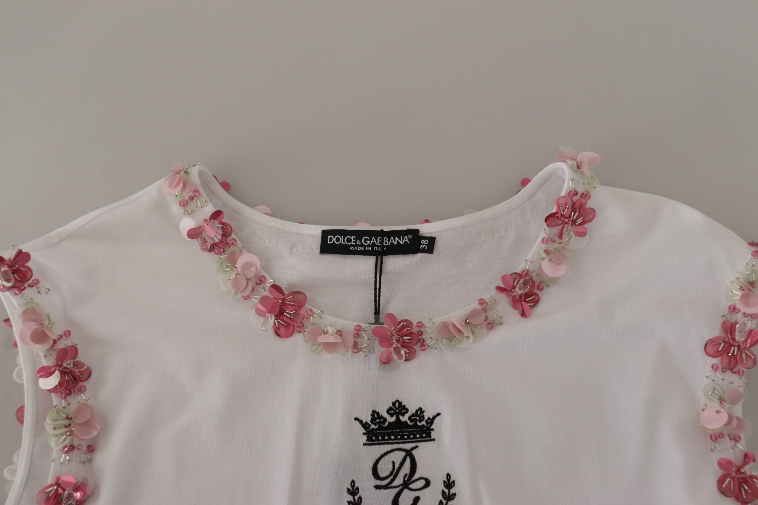 Dolce & Gabbana Weißes DG Crown Floral Pailletten-T-Shirt-7