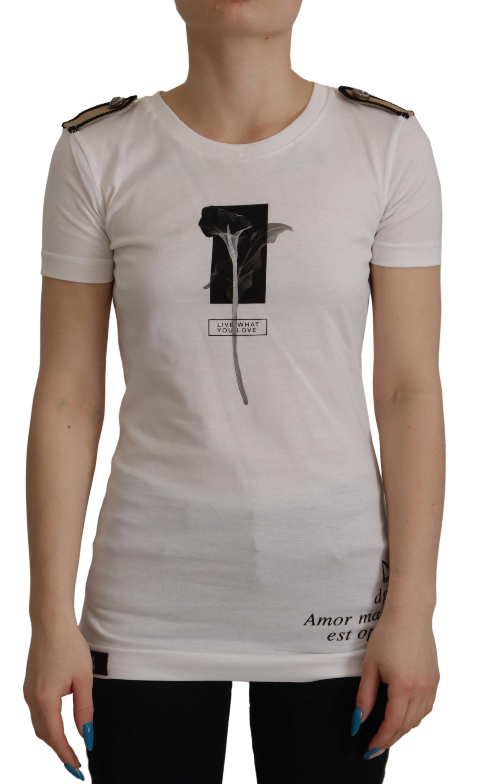 Dolce & Gabbana White Black Roses Cotton T-Shirt with Round Neck
