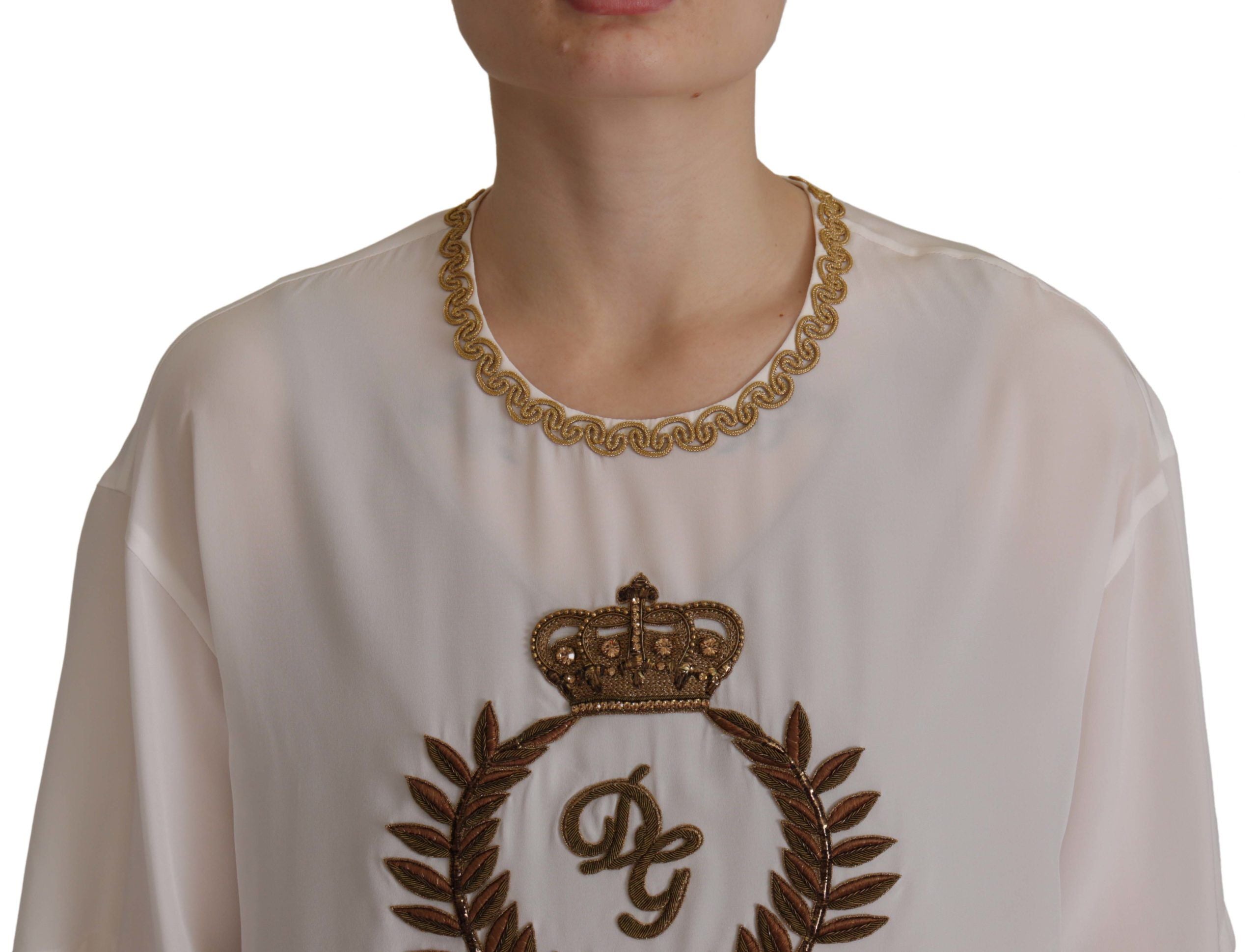 Blusa Dolce & Gabbana con cristales y corona DG en seda blanca y dorada-2