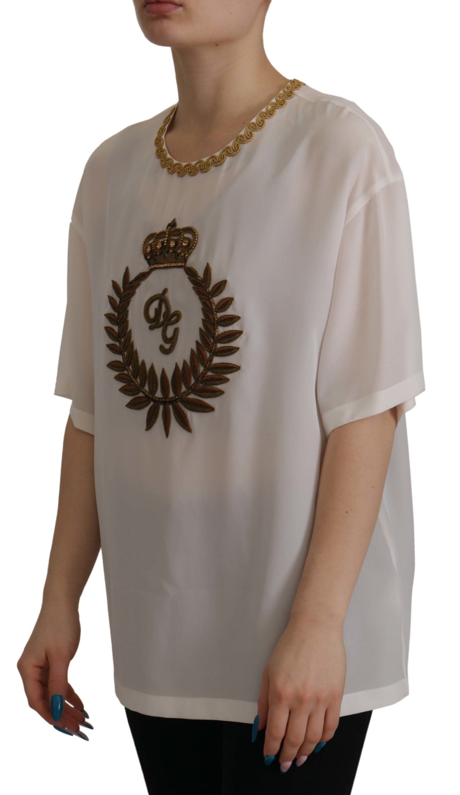 Blusa Dolce & Gabbana con cristales y corona DG en seda blanca y dorada-7