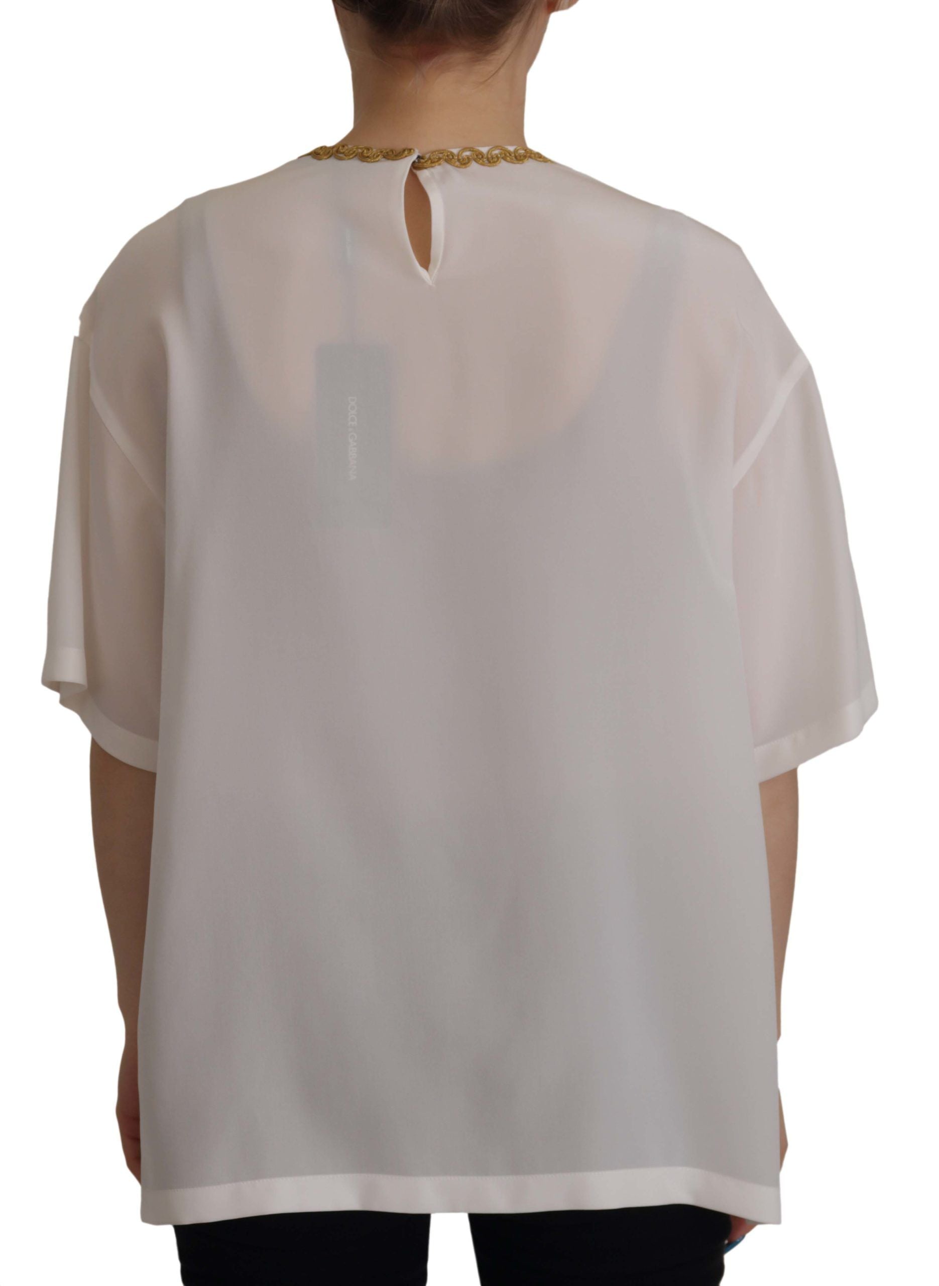 Blusa Dolce & Gabbana con cristales y corona DG en seda blanca y dorada-3
