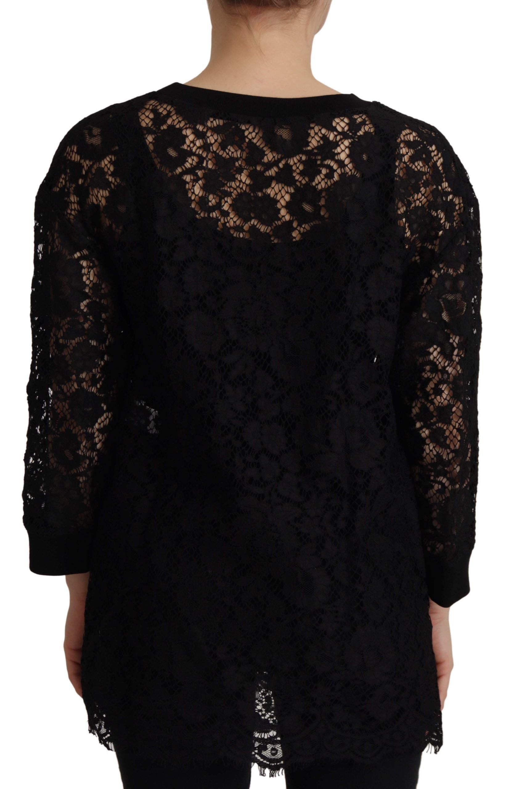 Dolce & Gabbana Black Lace Sweater with Floral Pattern Sicily Blouse-3