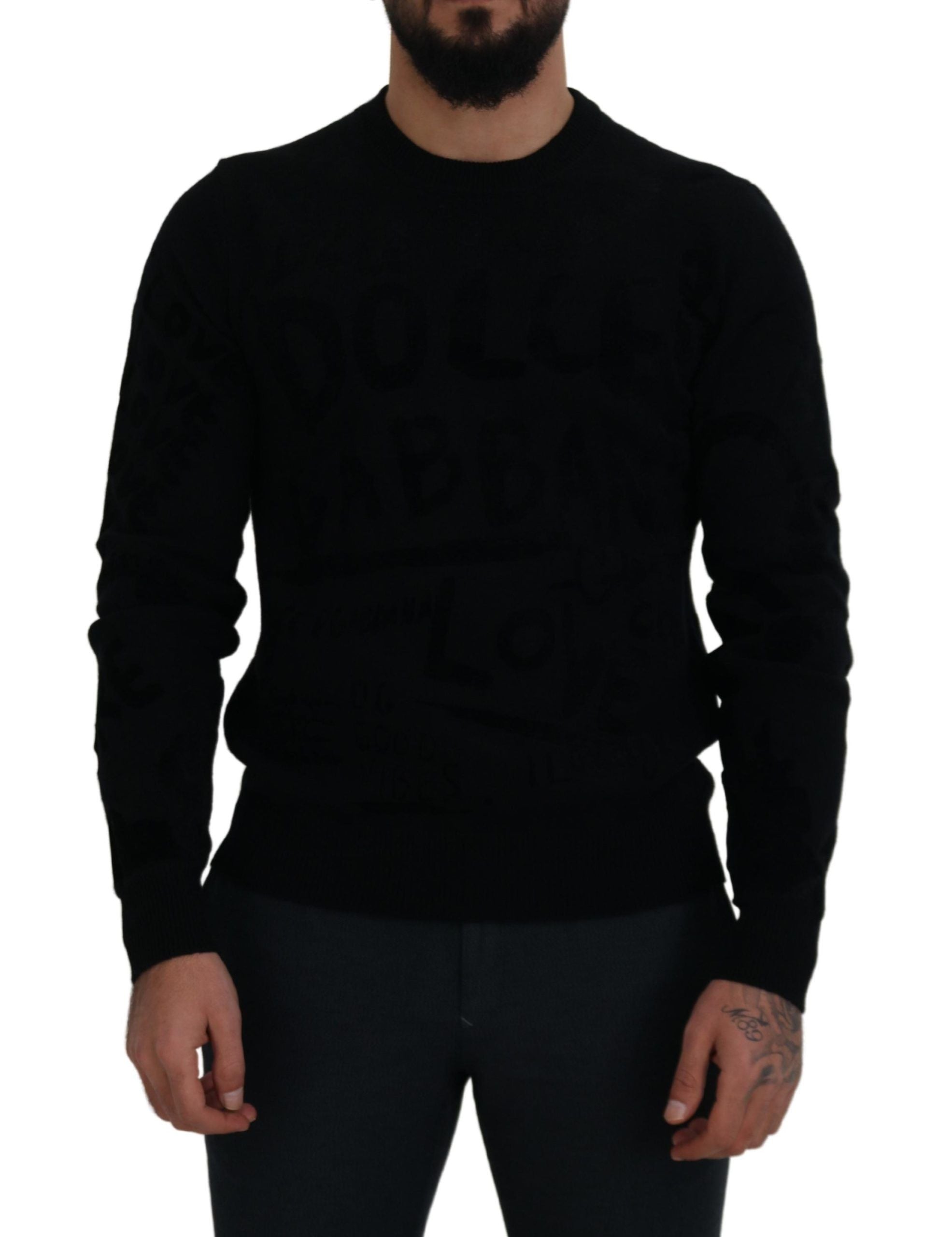 Dolce & Gabbana Schwarzer Wollpullover mit Logo-Muster und Rundhalsausschnitt-1