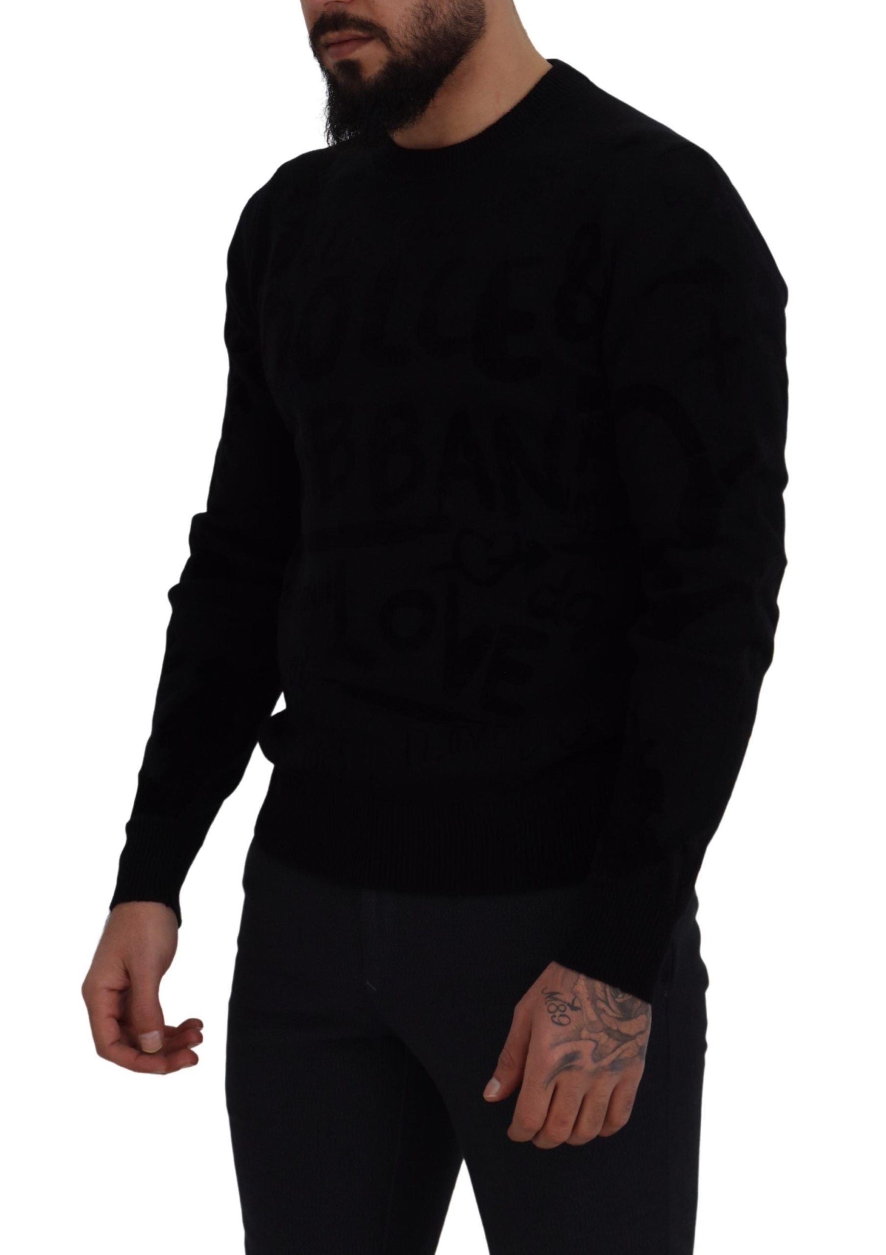Dolce & Gabbana Schwarzer Wollpullover mit Logo-Muster und Rundhalsausschnitt-3