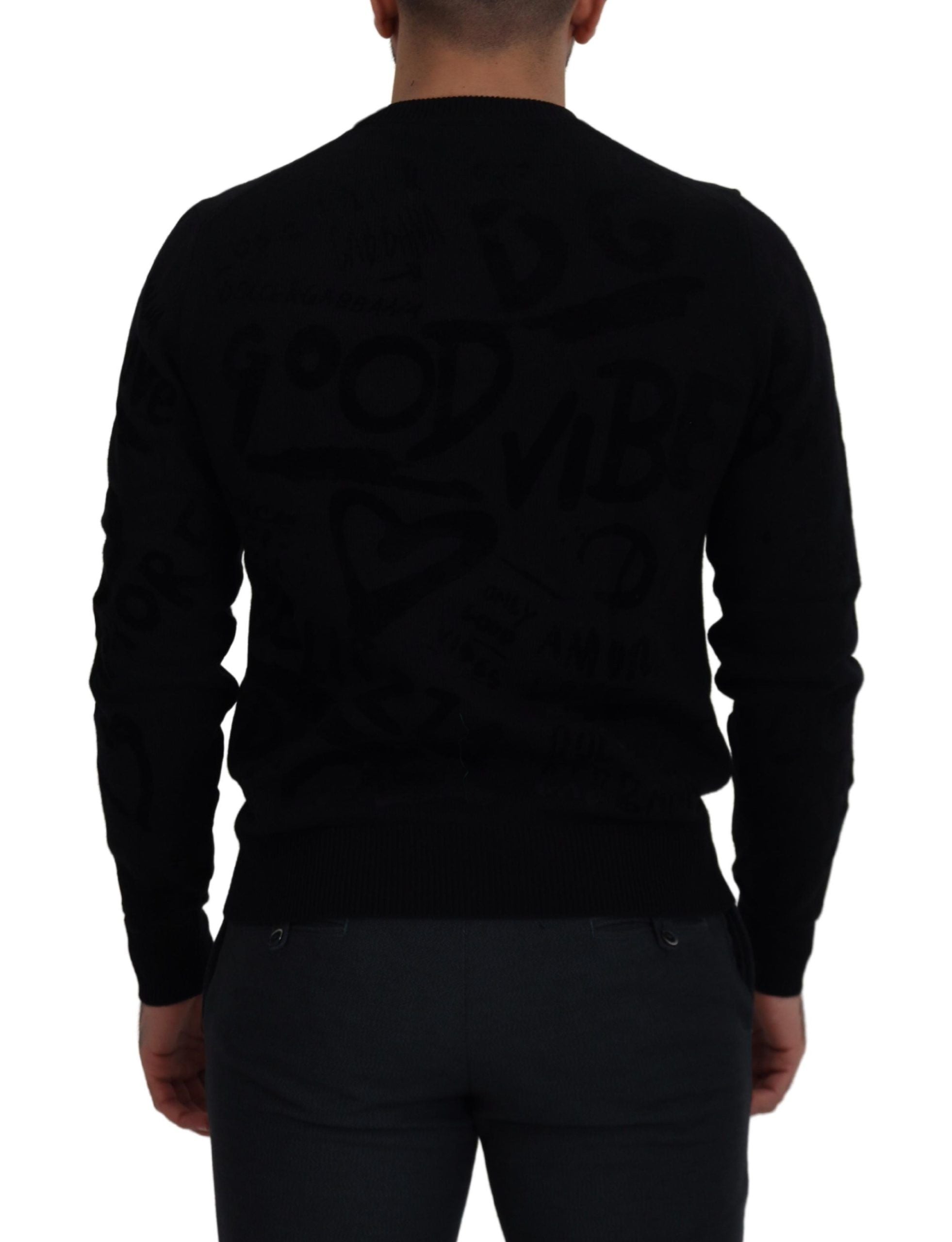Dolce & Gabbana Schwarzer Wollpullover mit Logo-Muster und Rundhalsausschnitt-4