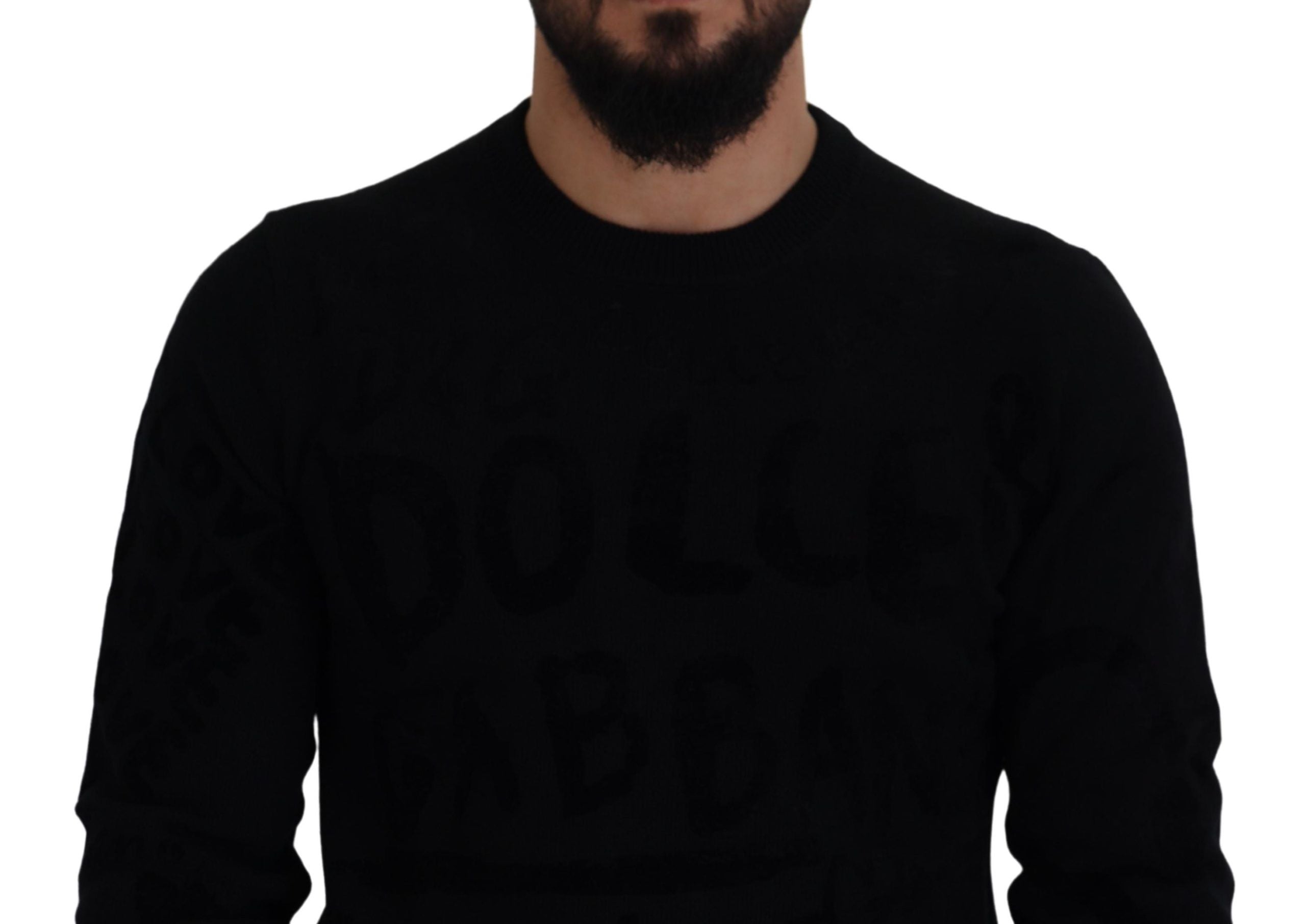 Dolce & Gabbana Schwarzer Wollpullover mit Logo-Muster und Rundhalsausschnitt-2
