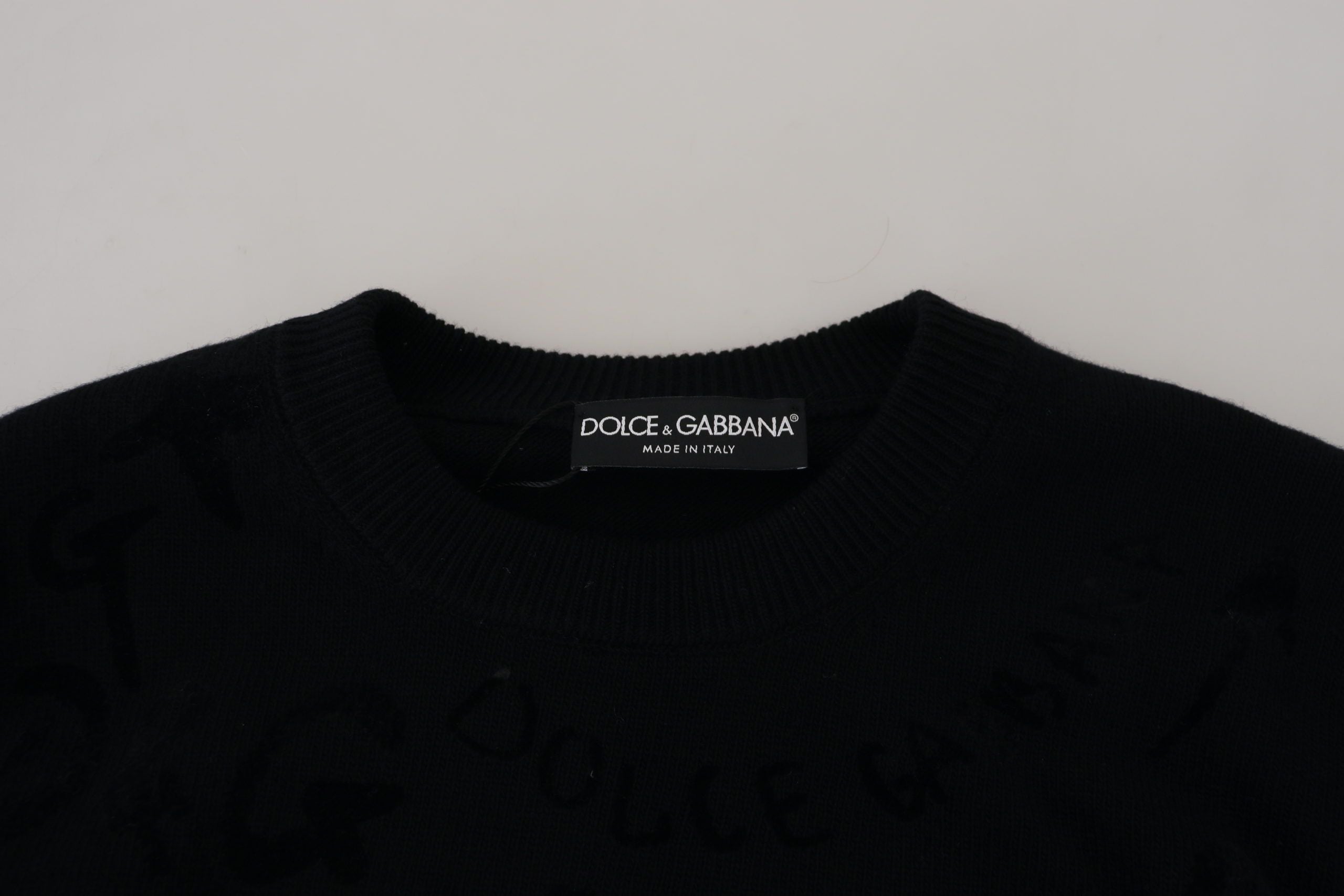 Dolce & Gabbana Schwarzer Wollpullover mit Logo-Muster und Rundhalsausschnitt-6