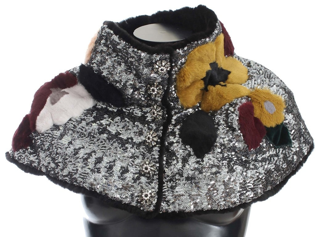 Dolce & Gabbana Silver sequined floral weasel fur shawl wrap scarf
