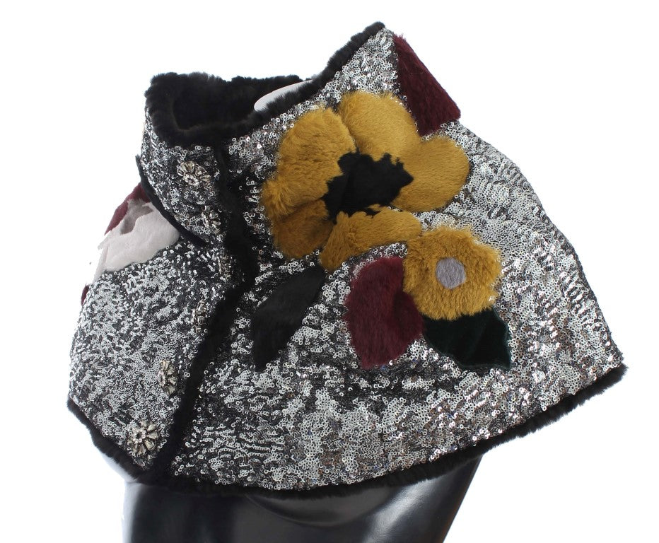 Dolce & Gabbana Silver sequined floral weasel fur shawl wrap scarf-2