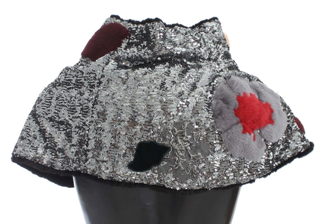 Dolce & Gabbana Silver sequined floral weasel fur shawl wrap scarf-3
