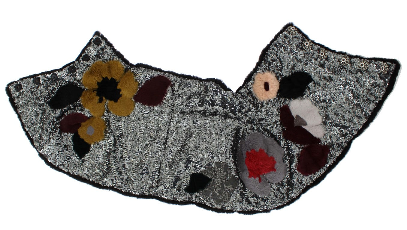 Dolce & Gabbana Silver sequined floral weasel fur shawl wrap scarf-7