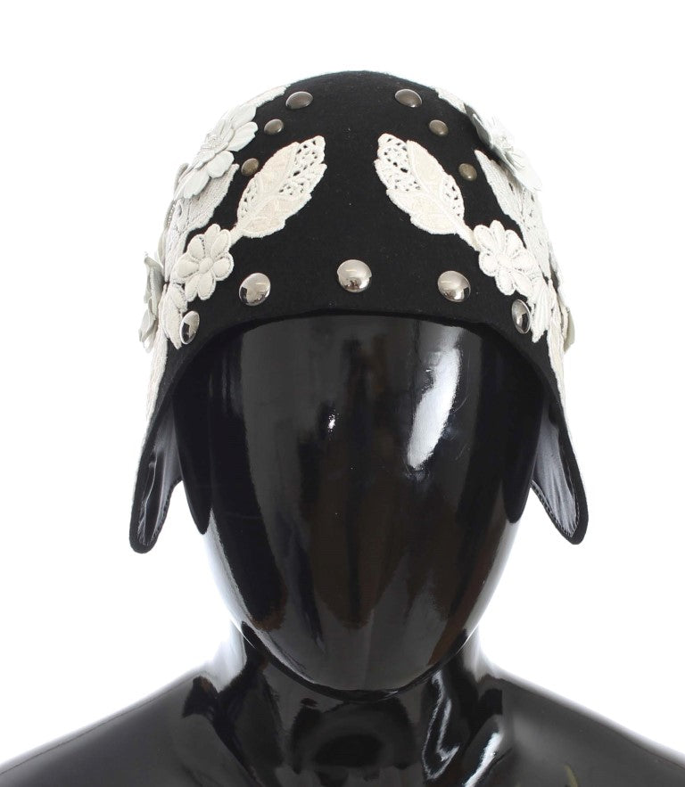 Dolce & Gabbana Black Wool White Floral Gold Leaf Hat-2