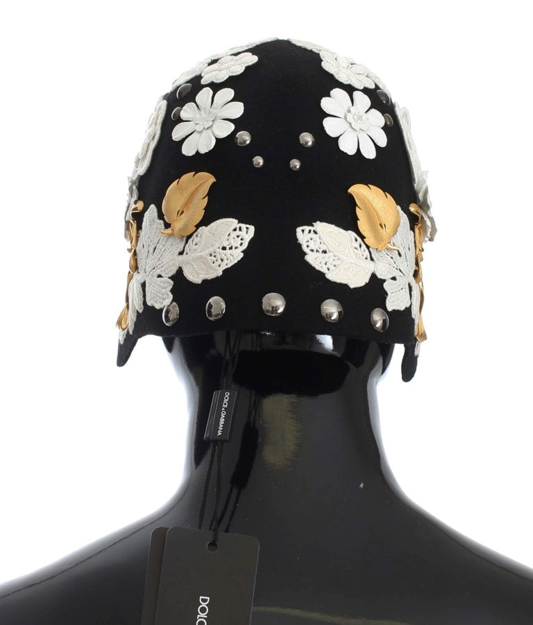 Dolce & Gabbana Black Wool White Floral Gold Leaf Hat-3