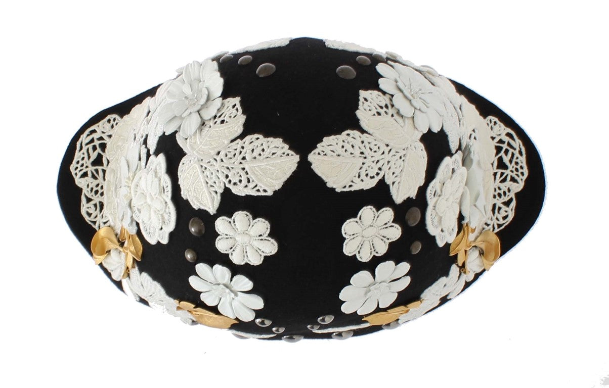 Dolce & Gabbana Black Wool White Floral Gold Leaf Hat-4