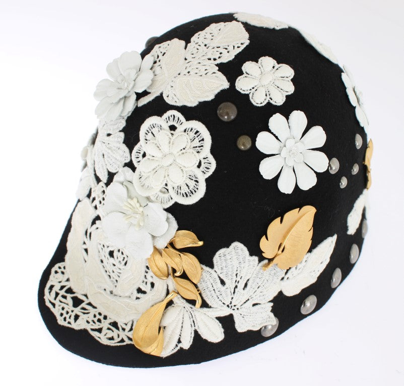 Dolce & Gabbana Black Wool White Floral Gold Leaf Hat-5