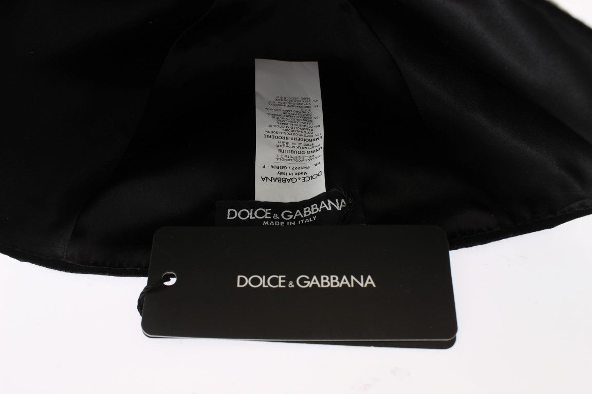 Dolce & Gabbana Black Wool White Floral Gold Leaf Hat-7