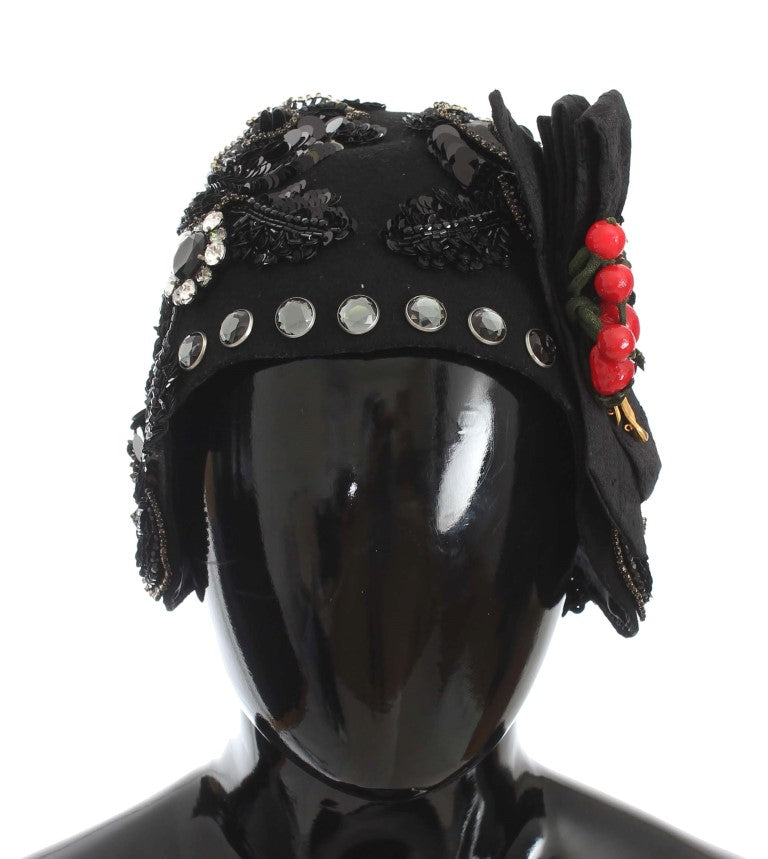 Dolce & Gabbana Black Crystal Gold Cherry Brooch Hat-2