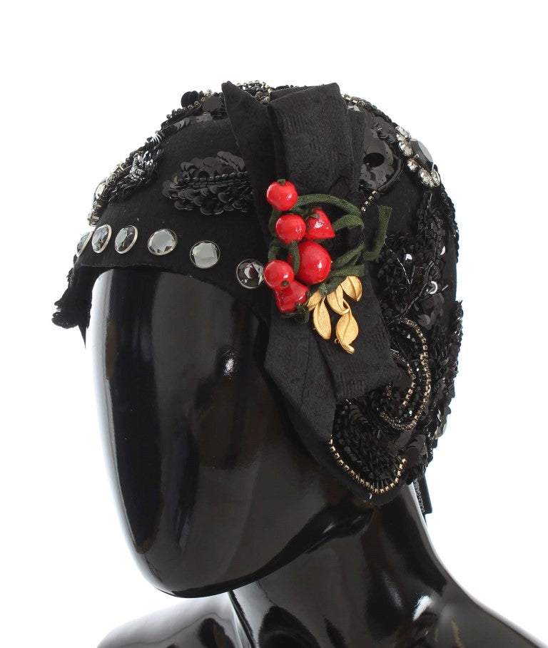 Dolce & Gabbana Black Crystal Gold Cherry Brooch Hat
